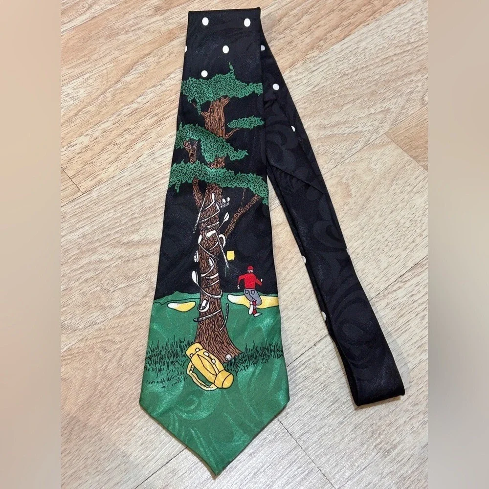 Designs by A. Rogers Mens Golf Novelty Tie Black Green Clubs in Tree‎ Paisley